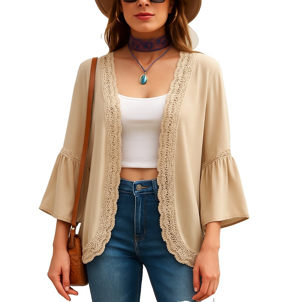 Womens XL Beige Boho Kimono Cardigan Crochet Festival Layering Top Cottagecore